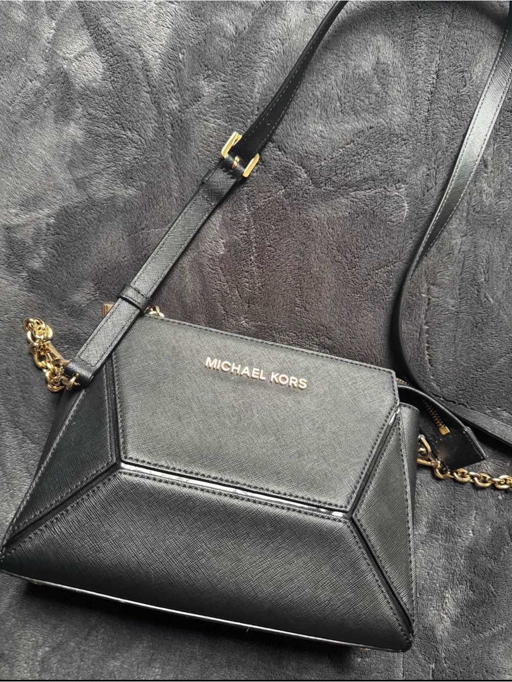 Michael Kors Black Textured Leather Geometric Crossbody with Gold Hardware